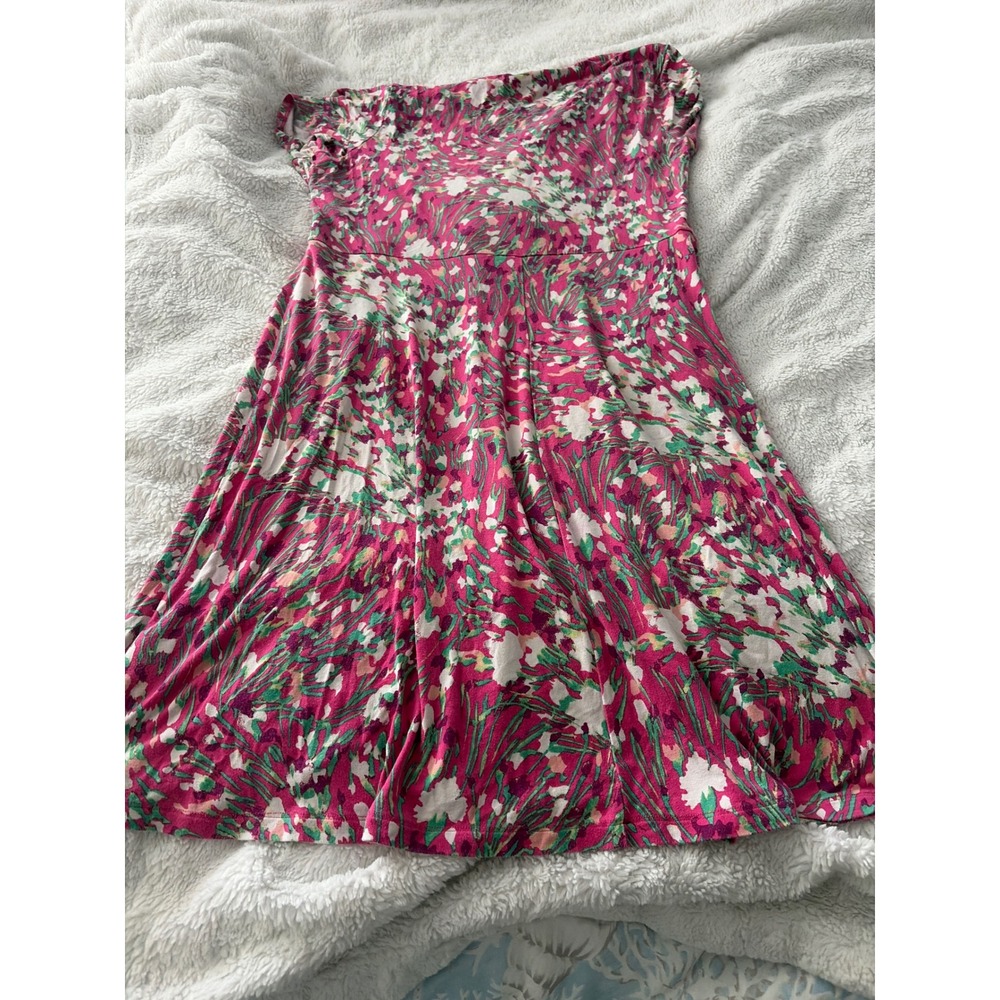 Lands' End Womens XL 18 Pink Floral Surplice Faux Wrap V-Neck A-Line Dress